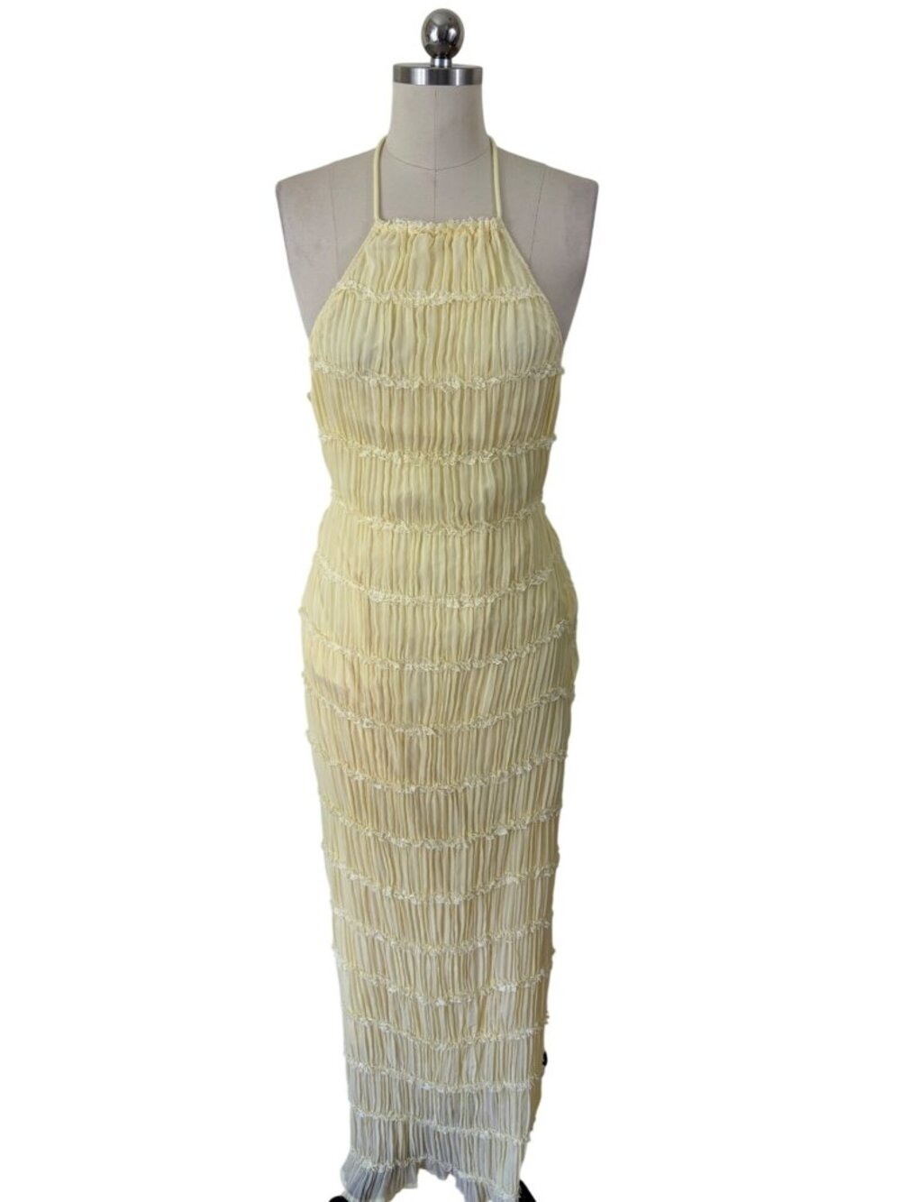 Boho-Chic Ruched Ruffle Halter Maxi Dress Womens S Yellow Wedding Guest Resort